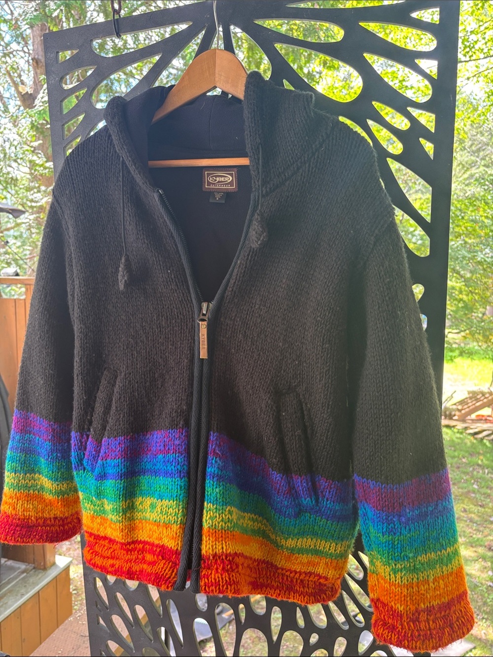 Black Hooded Teddy Jacket with Rainbow Stripe Hem by Sundance